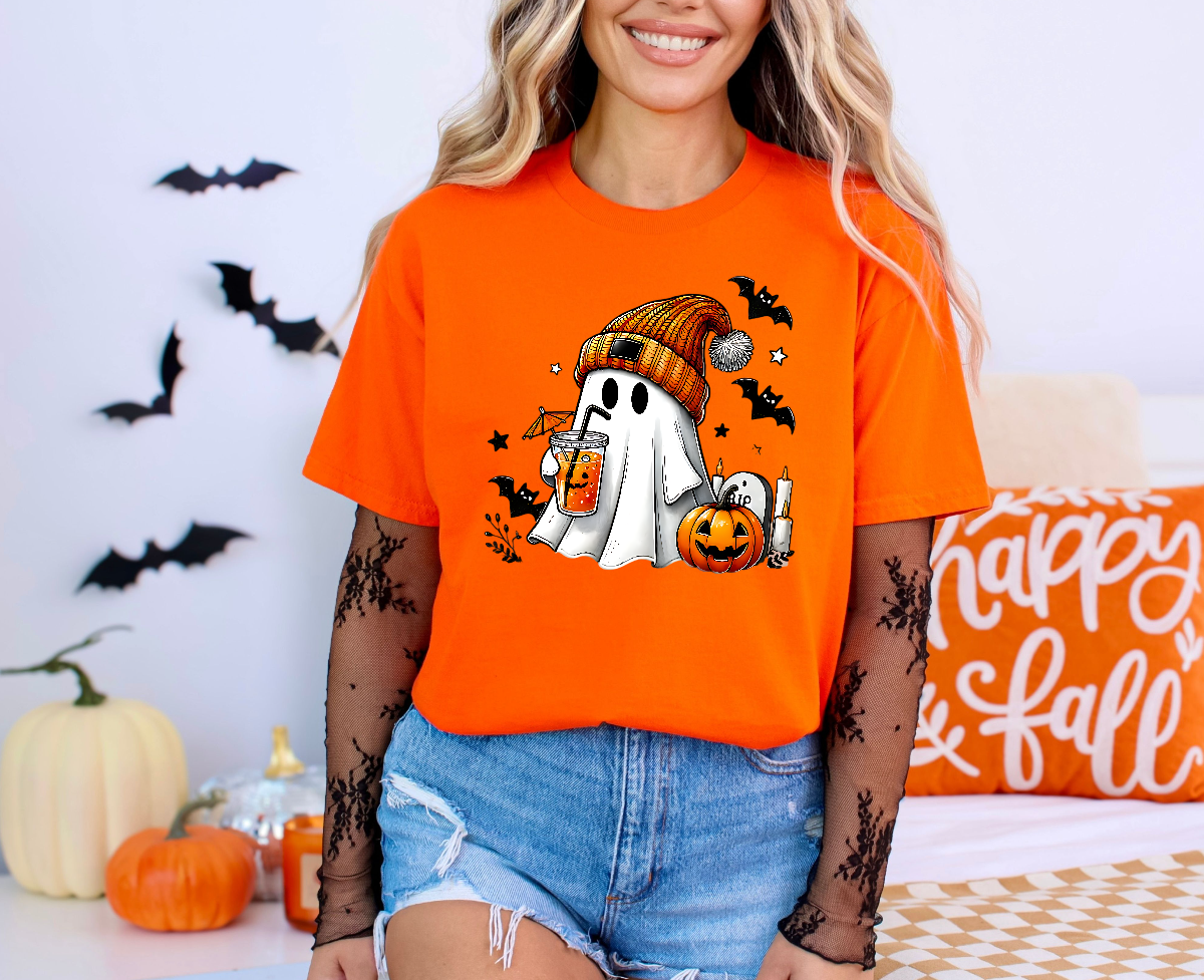Halloween Ghost Unisex Heavy Cotton Tee - Spooky Vibes & Pumpkin Spice